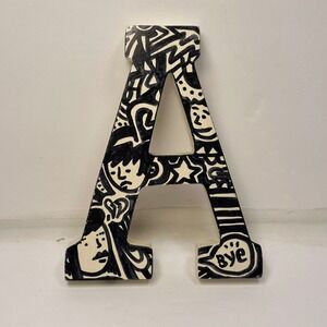 Hand Drawn Letter A Wood Sign Black White Doodle Art Wall Decor